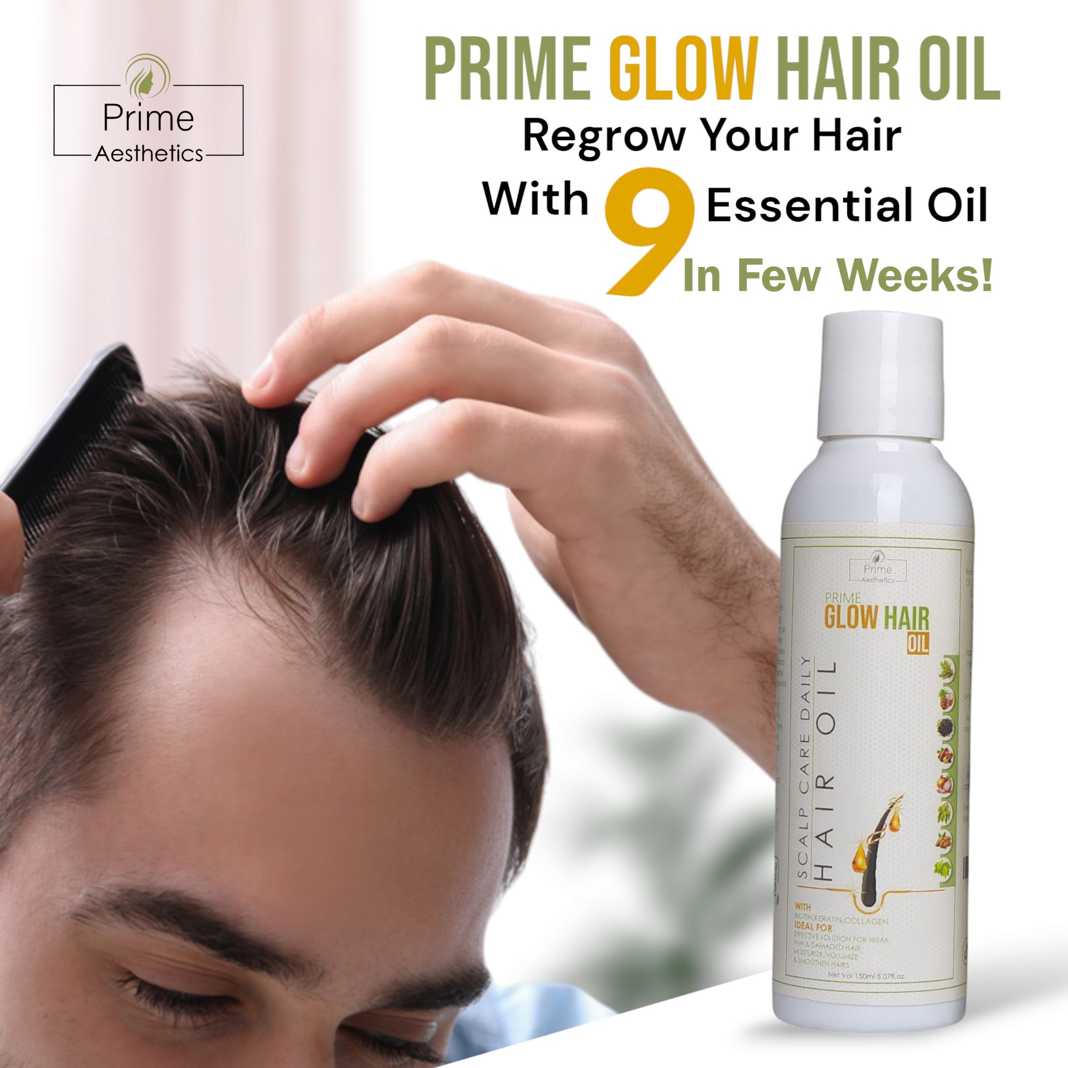 Prime Glow Hair Oil: Organic Hair Growth Oil enriched with Biotin, Keratin, and Collagen. Smooth and volumize your hair while providing deep nourishment and moisture for ultimate rejuvenation.