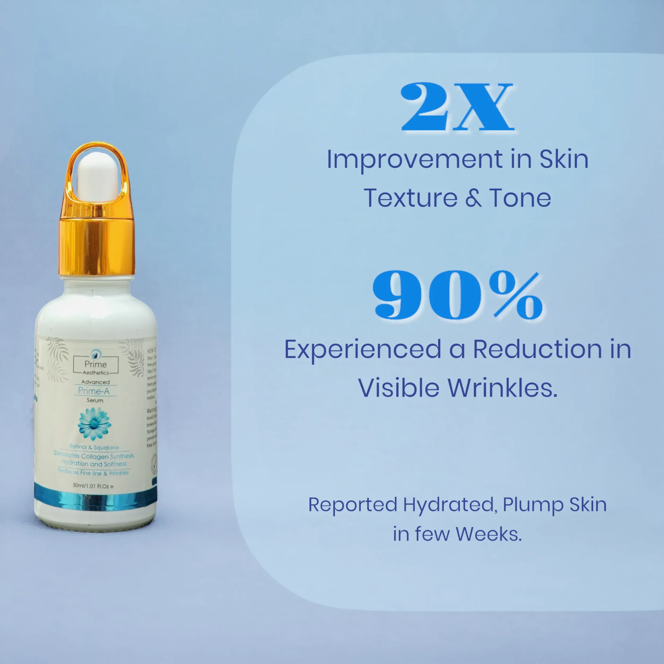 "Prime A Retinol Serum: 1% Retinol in plant-derived Squalane to reduce fine lines and combat aging, perfect for your evening skincare routine."