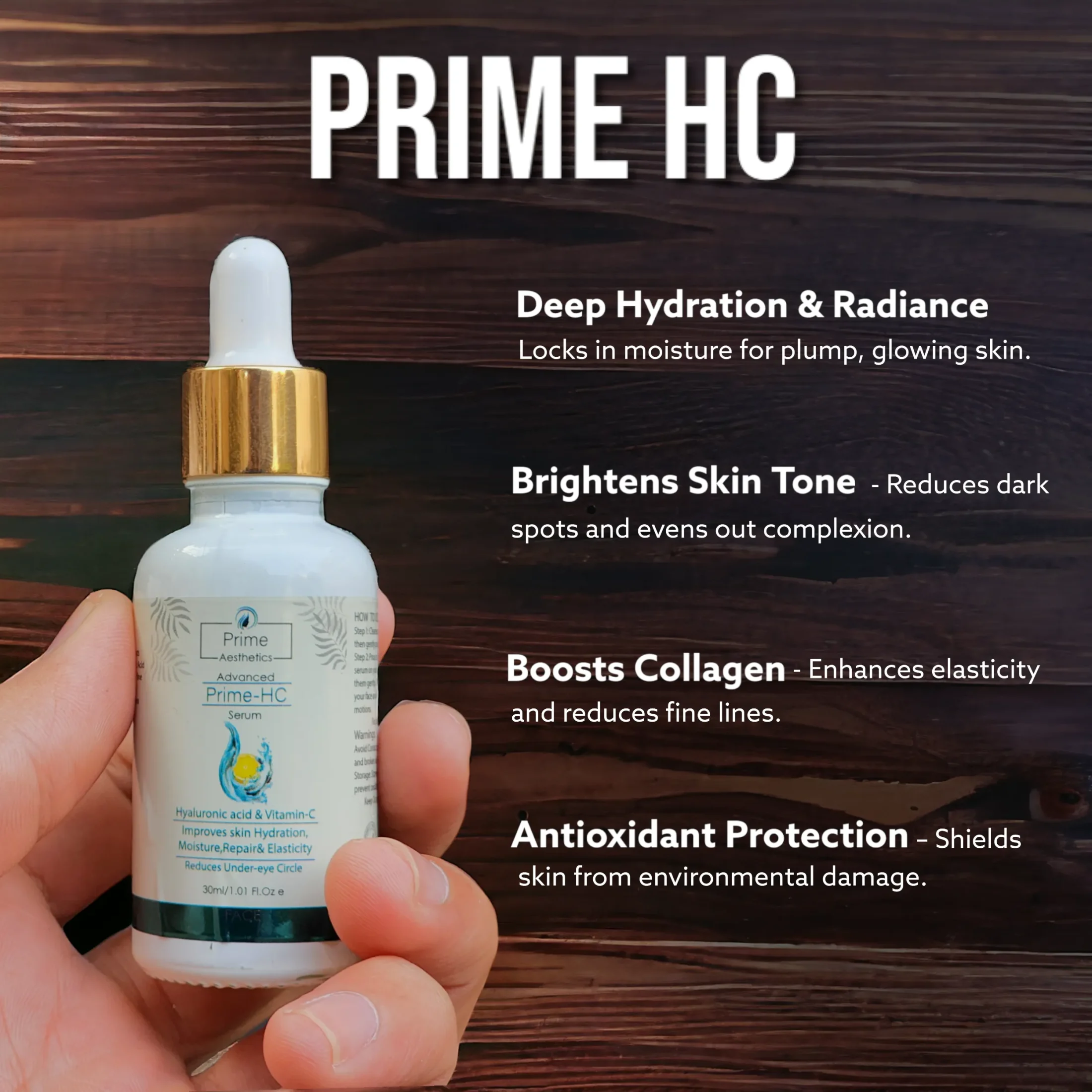 Prime HC Serum: A blend of Vitamin C 15% and Hyaluronic Acid for antioxidant protection and deep hydration, unveiling radiant, youthful skin.