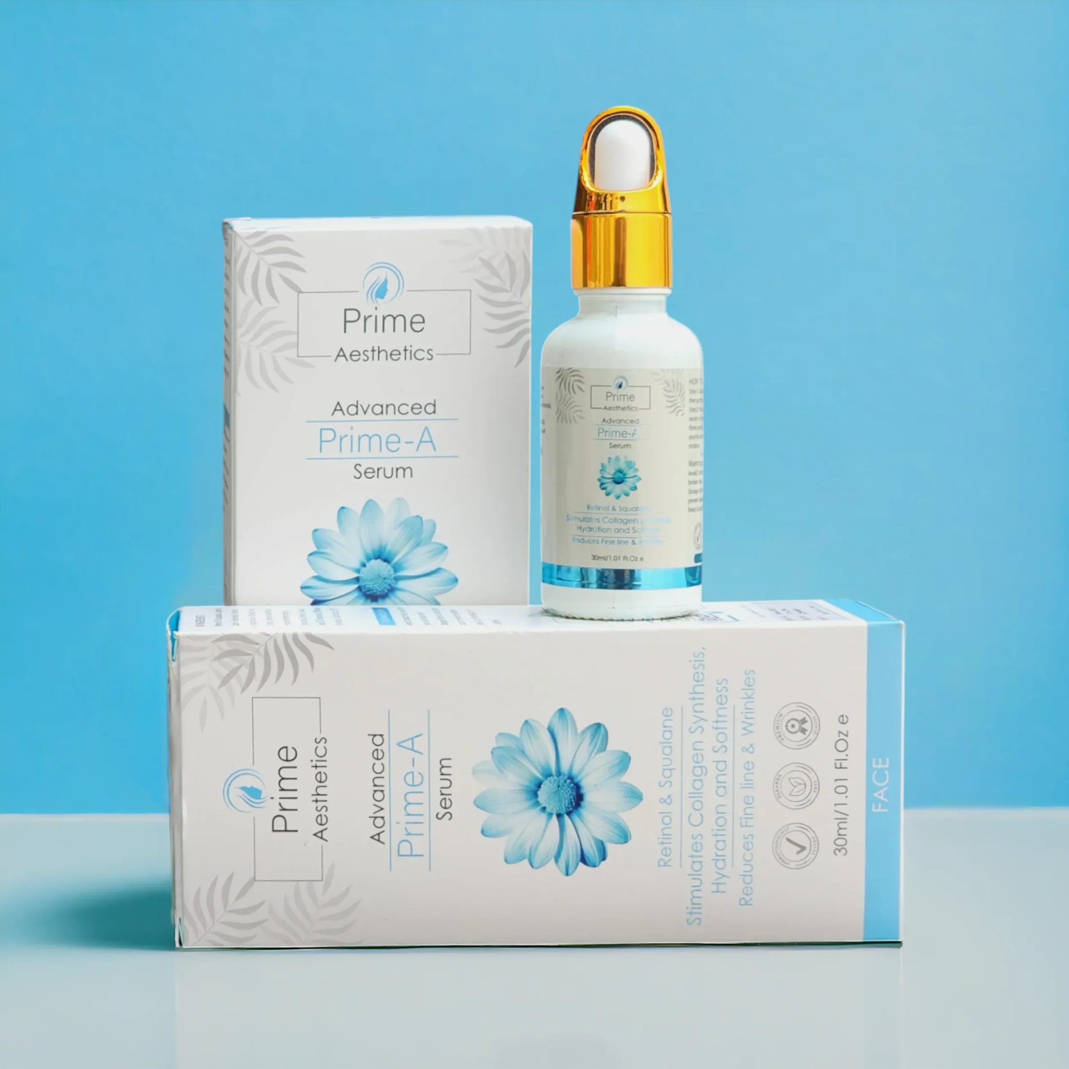 "Prime A Retinol Serum: 1% Retinol in plant-derived Squalane to reduce fine lines and combat aging, perfect for your evening skincare routine."