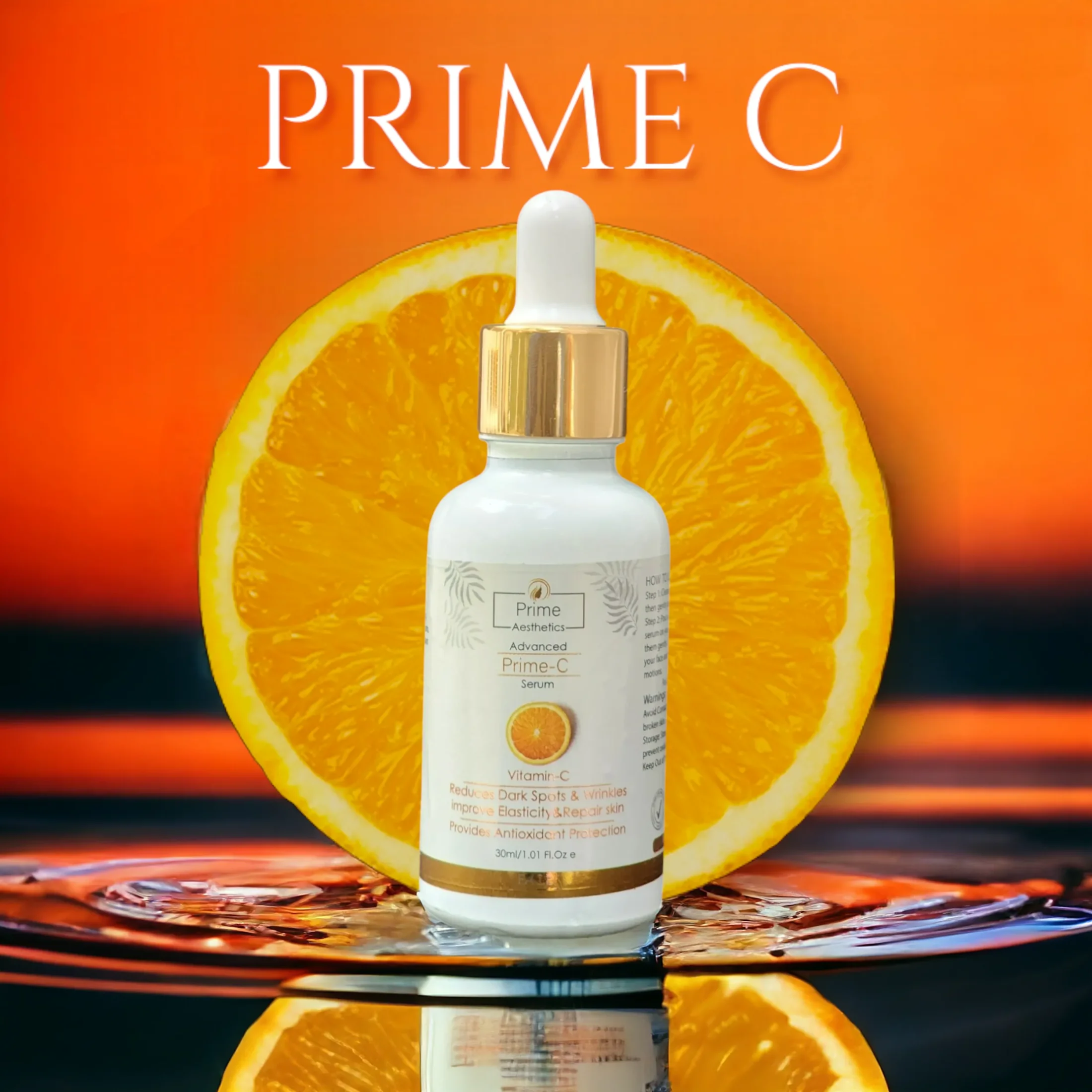 Prime C Serum: Lightweight facial serum with 15% Vitamin C and Ferulic Acid for deep hydration and radiant, smooth skin.