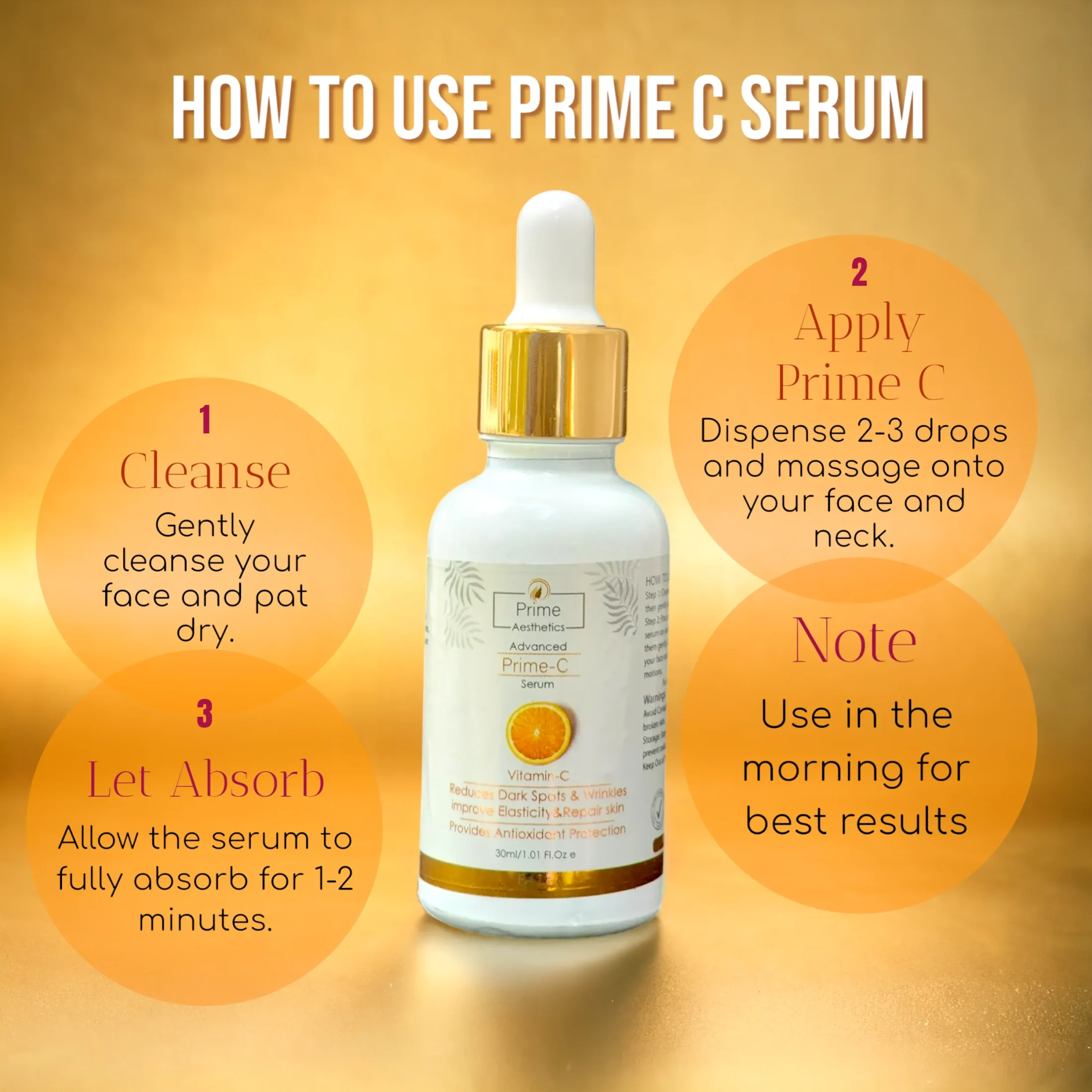 Prime C Serum: Lightweight facial serum with 15% Vitamin C and Ferulic Acid for deep hydration and radiant, smooth skin.