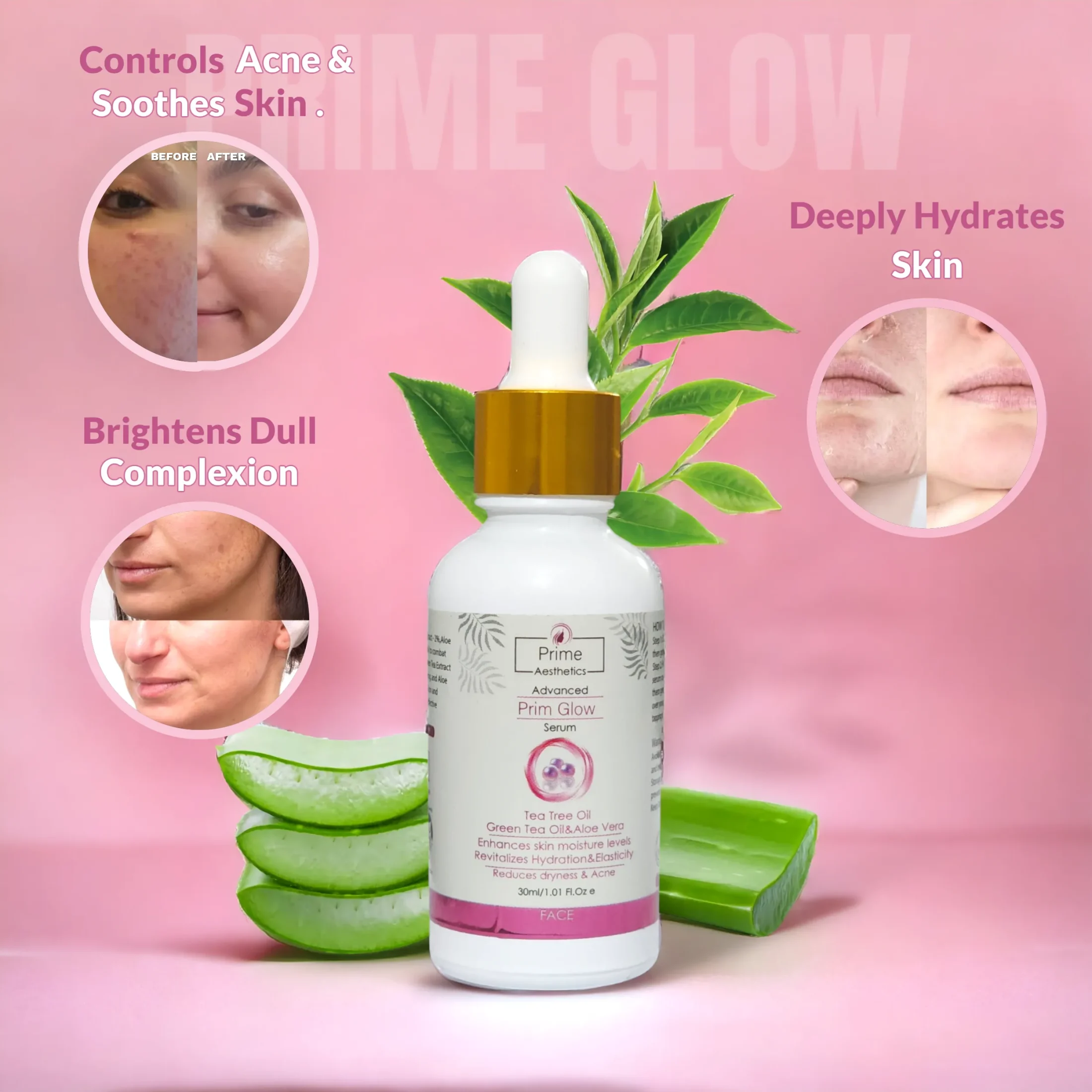 Prime Glow Serum: All-natural skincare with Tea Tree Oil, Green Tea Extract, and Aloe Vera to hydrate, combat acne, and reduce aging signs.
