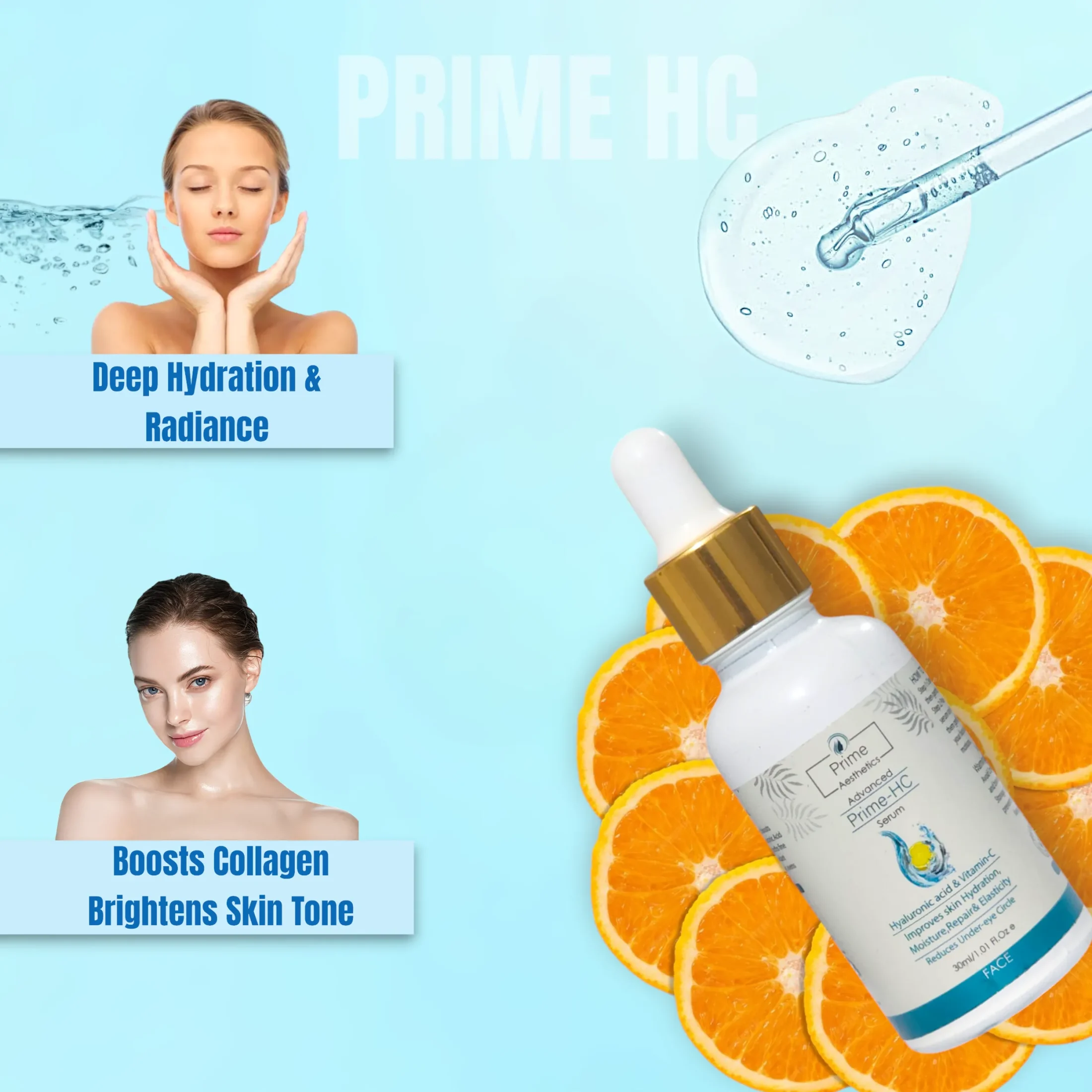 Prime HC Serum: A blend of Vitamin C 15% and Hyaluronic Acid for antioxidant protection and deep hydration, unveiling radiant, youthful skin.