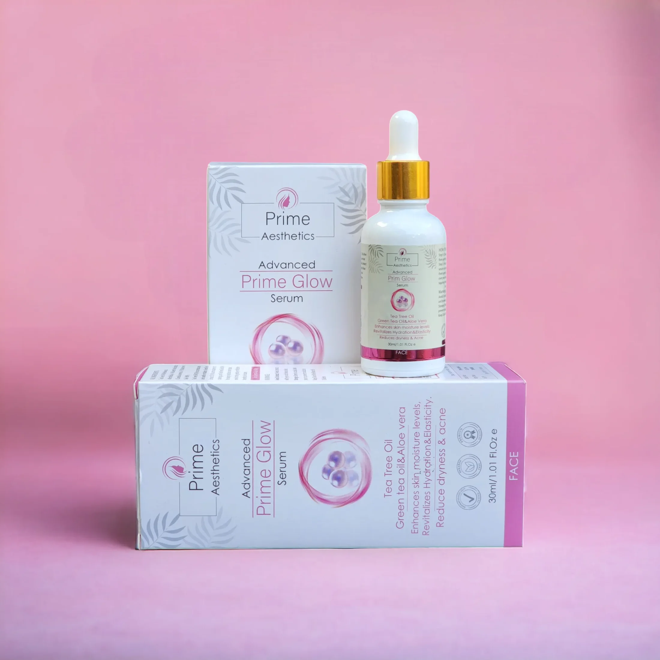Prime Glow Serum: All-natural skincare with Tea Tree Oil, Green Tea Extract, and Aloe Vera to hydrate, combat acne, and reduce aging signs.
