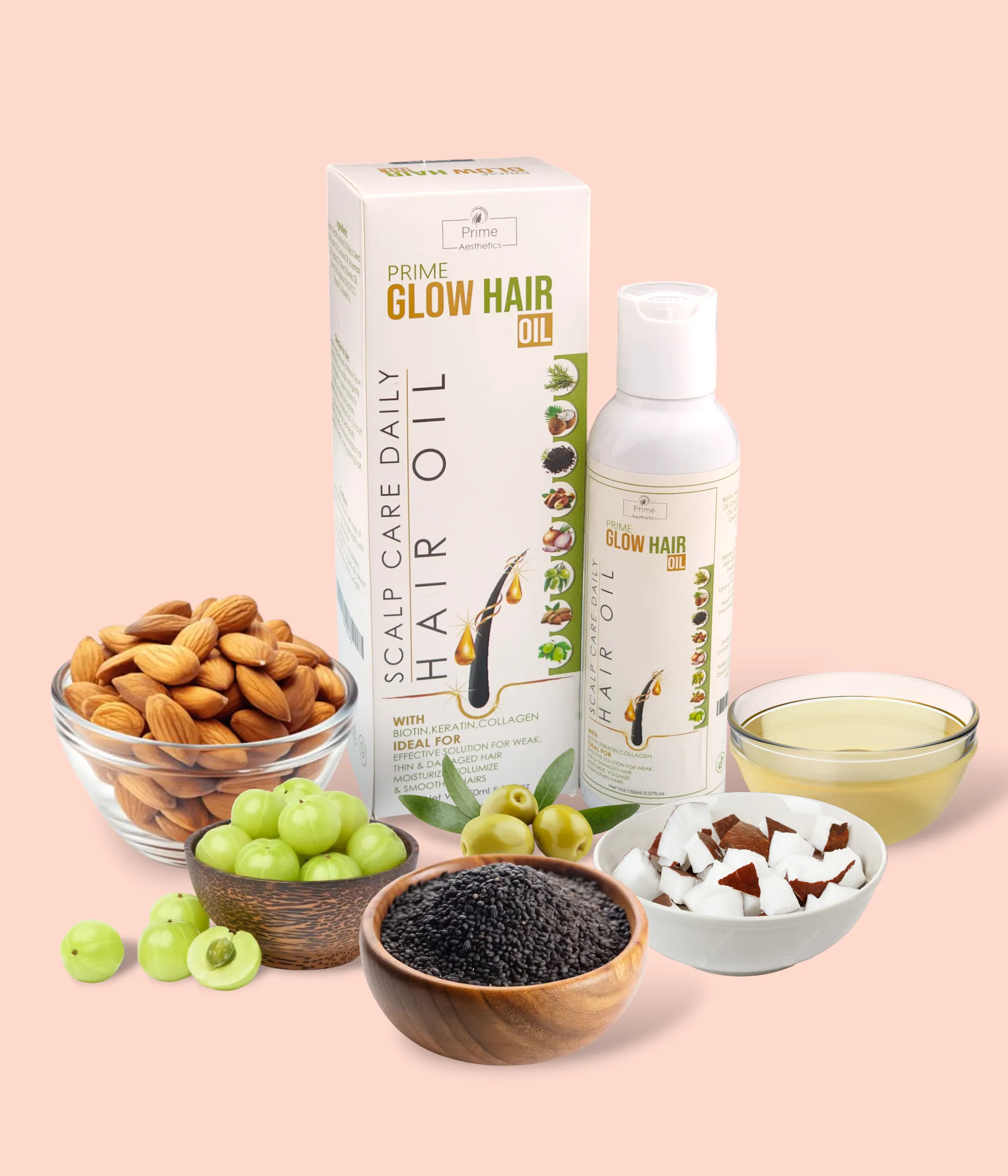 Prime Aesthetics with Prime Glow Hair Oil, featuring glowing hair and natural ingredients.