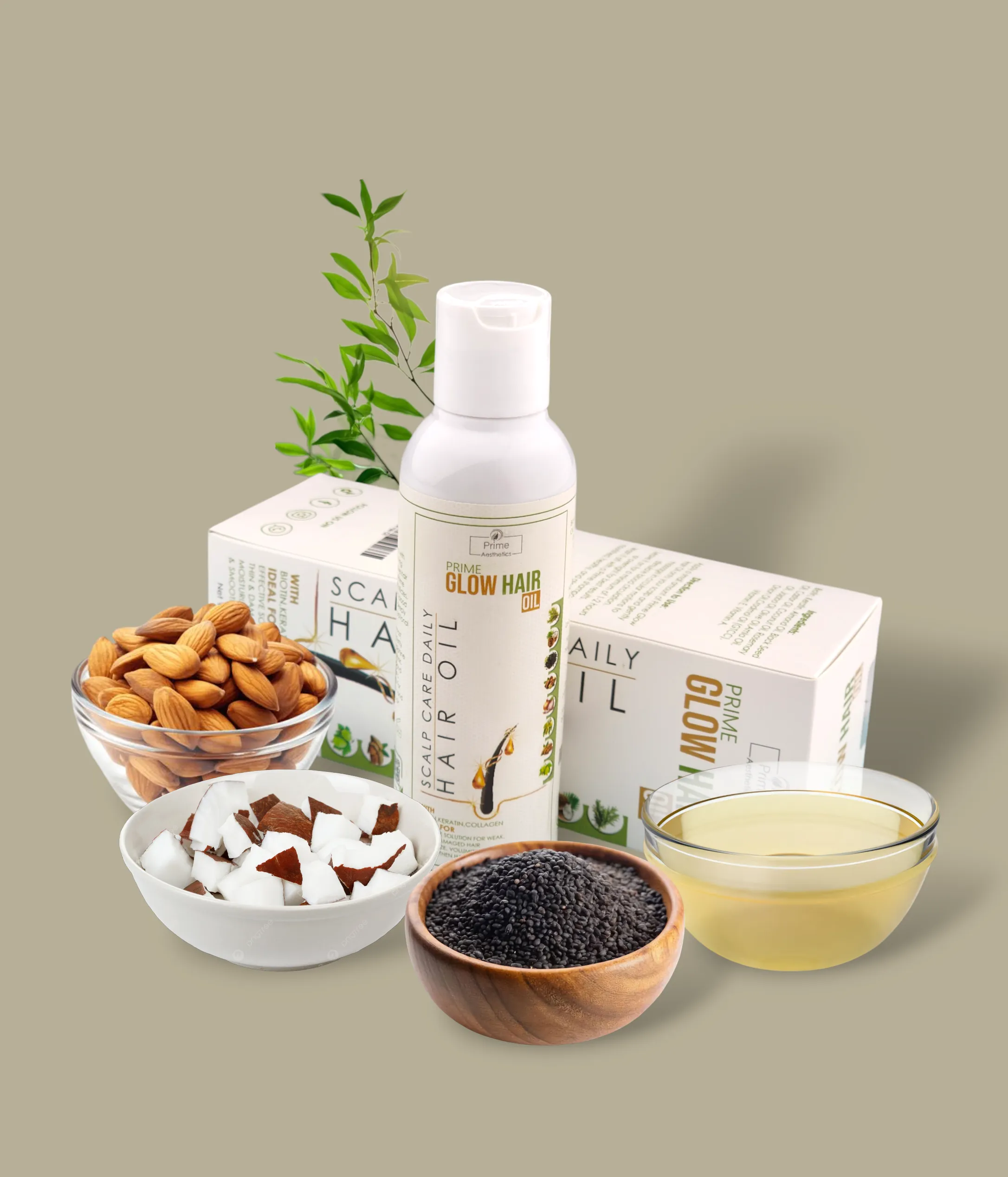 Prime Aesthetics with Prime Glow Hair Oil, featuring glowing hair and natural ingredients.