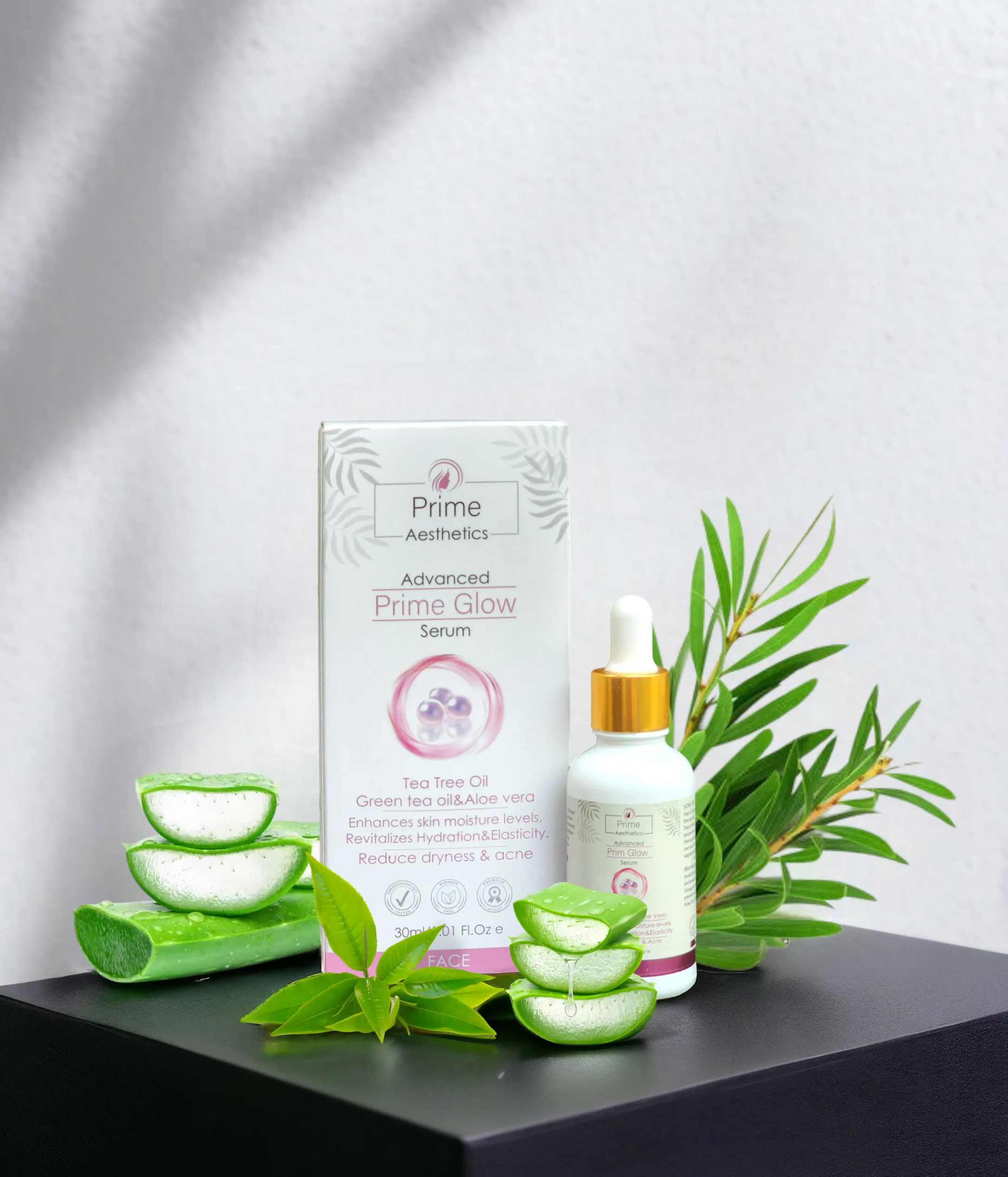 Prime Aesthetics with Prime Glow Hair Oil, featuring glowing hair and natural ingredients.