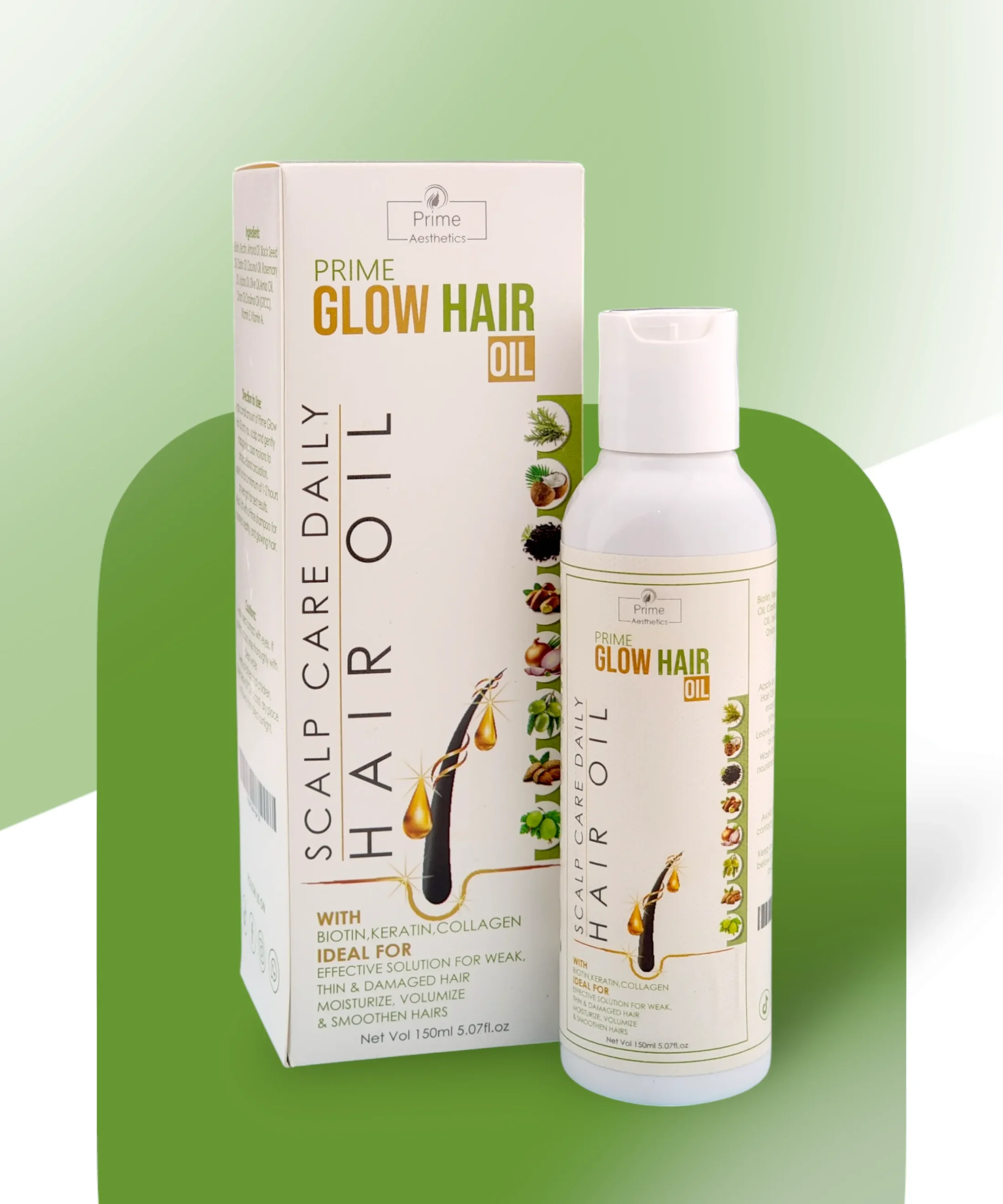 Prime Glow Hair Oil: Organic Hair Growth Oil enriched with Biotin, Keratin, and Collagen. Smooth and volumize your hair while providing deep nourishment and moisture for ultimate rejuvenation.